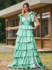 A-line Bow Shoulder Tiered Dress with Slit Turquoise