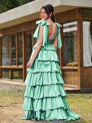 A-line Bow Shoulder Tiered Dress with Slit Turquoise
