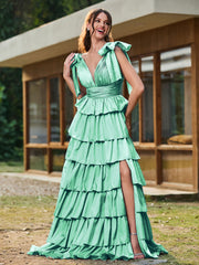 A-line Bow Shoulder Tiered Dress with Slit Turquoise