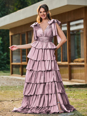 A-line Bow Shoulder Tiered Dress with Slit Vintage Mauve