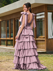 A-line Bow Shoulder Tiered Dress with Slit Vintage Mauve