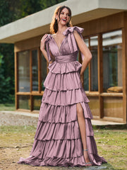 A-line Bow Shoulder Tiered Dress with Slit Vintage Mauve