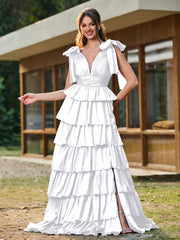 A-line Bow Shoulder Tiered Dress with Slit White