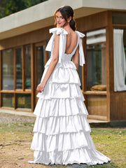 A-line Bow Shoulder Tiered Dress with Slit White