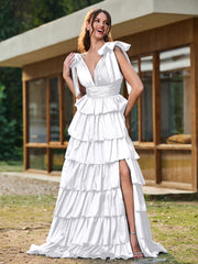 A-line Bow Shoulder Tiered Dress with Slit White