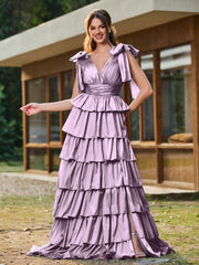 A-line Bow Shoulder Tiered Dress with Slit Wisteria