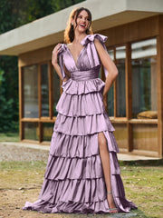 A-line Bow Shoulder Tiered Dress with Slit Wisteria