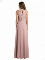 Full Length Chiffon Gowns Halter Neck with Bow-Dusty Rose