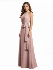Full Length Chiffon Gowns Halter Neck with Bow-Dusty Rose