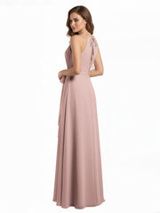 Full Length Chiffon Gowns Halter Neck with Bow-Dusty Rose