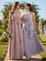Full Length Chiffon Gowns Halter Neck with Bow-Dusty Rose