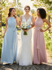 Full Length Chiffon Gowns Halter Neck with Bow-Dusty Rose