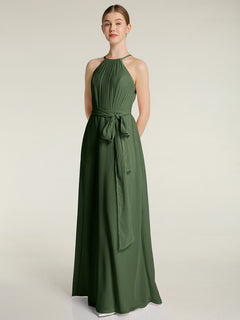 Full Length Chiffon Gowns Halter Neck with Bow-Olive Green