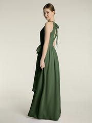 Full Length Chiffon Gowns Halter Neck with Bow-Olive Green Plus Size