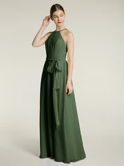 Full Length Chiffon Gowns Halter Neck with Bow-Olive Green Plus Size