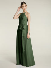 Full Length Chiffon Gowns Halter Neck with Bow-Olive Green