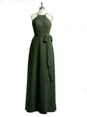 Full Length Chiffon Gowns Halter Neck with Bow-Olive Green