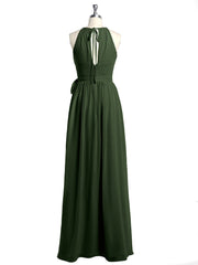 Full Length Chiffon Gowns Halter Neck with Bow-Olive Green