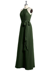 Full Length Chiffon Gowns Halter Neck with Bow-Olive Green