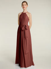 Full Length Chiffon Gowns Halter Neck with Bow-Terracotta Plus Size
