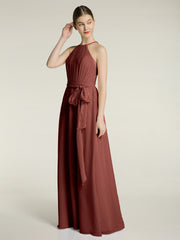 Full Length Chiffon Gowns Halter Neck with Bow-Terracotta