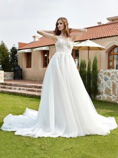 One Shoulder Lace Bodice Chapel Train Bridal Dress Ivory