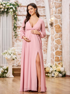 A-line V-neck Long Sleeves Chiffon Dresses with Slit Dusty Rose