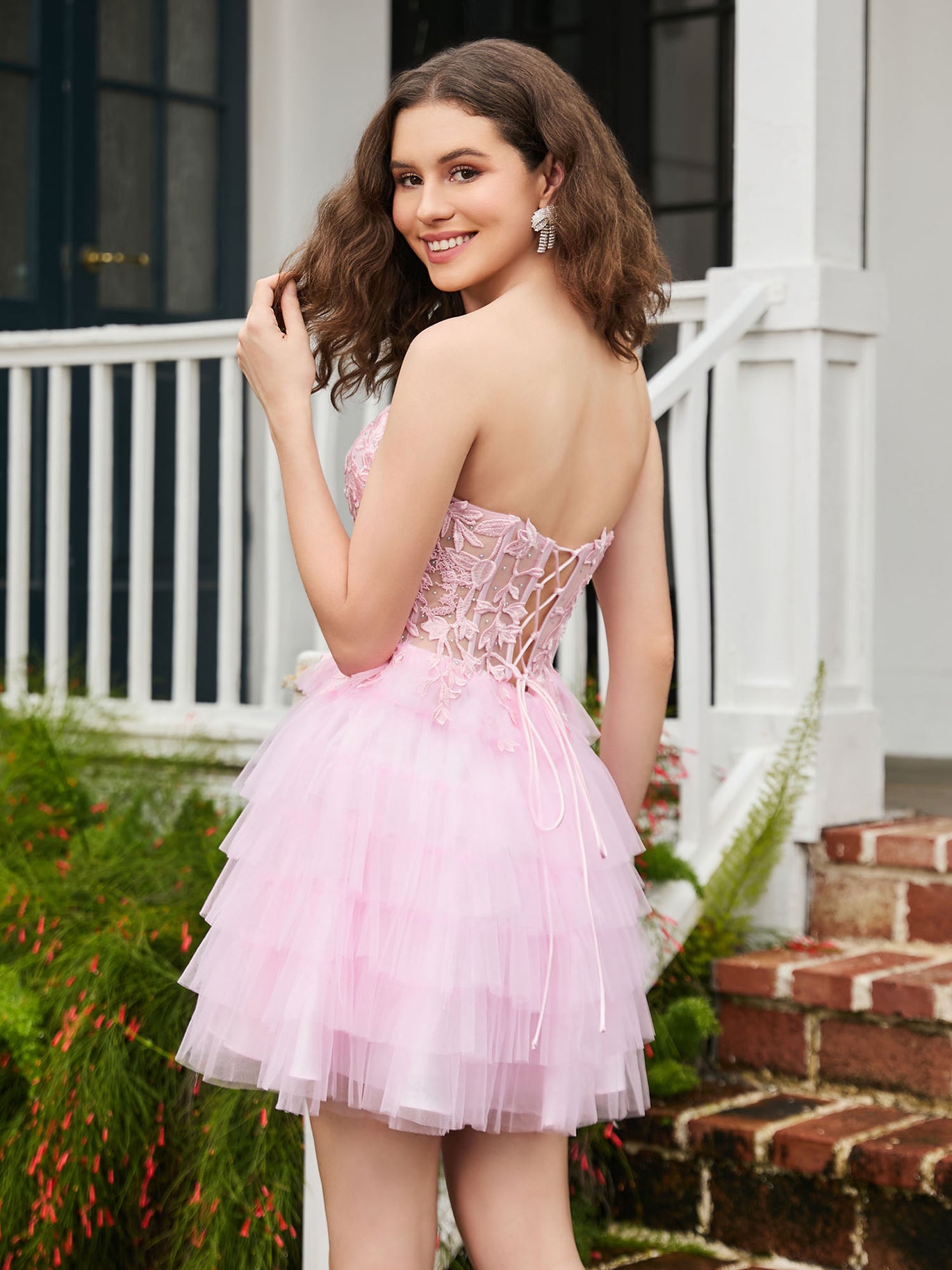 BABARONI Sheer Applique Corset Tiered Tulle Short HOCO Dress Silver, Silver / US0