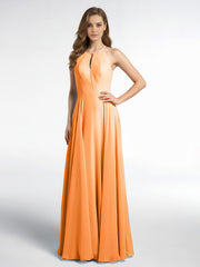 Keyhole Neckline Halter Circle Skirt Max Dress-Orange