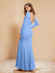 V-neck Pleated Mermaid Chiffon Dress With Silt Blue Plus Size