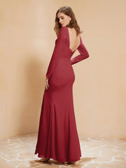 V-neck Pleated Mermaid Chiffon Dress With Silt Burgundy