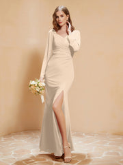 V-neck Pleated Mermaid Chiffon Dress With Silt Champagne Plus Size