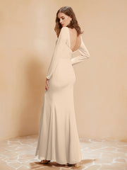 V-neck Pleated Mermaid Chiffon Dress With Silt Champagne