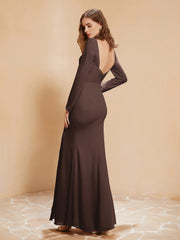 V-neck Pleated Mermaid Chiffon Dress With Silt Chocolate