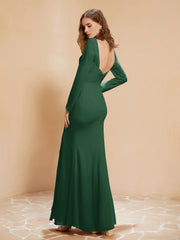 V-neck Pleated Mermaid Chiffon Dress With Silt Dark Green