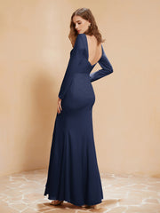 V-neck Pleated Mermaid Chiffon Dress With Silt Dark Navy Plus Size
