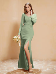 V-neck Pleated Mermaid Chiffon Dress With Silt Dusty Sage