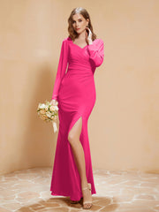 V-neck Pleated Mermaid Chiffon Dress With Silt Fuchsia