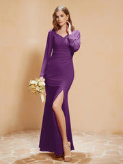 V-neck Pleated Mermaid Chiffon Dress With Silt Grape Plus Size