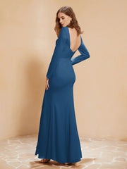V-neck Pleated Mermaid Chiffon Dress With Silt Ink Blue Plus Size