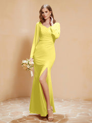V-neck Pleated Mermaid Chiffon Dress With Silt Lemon