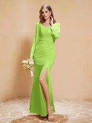 V-neck Pleated Mermaid Chiffon Dress With Silt Lime Green