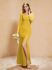 V-neck Pleated Mermaid Chiffon Dress With Silt Marigold