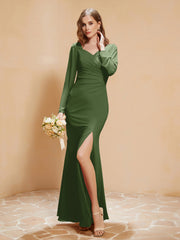 V-neck Pleated Mermaid Chiffon Dress With Silt Moss