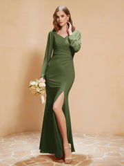 V-neck Pleated Mermaid Chiffon Dress With Silt Olive Green Plus Size