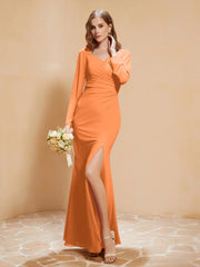 V-neck Pleated Mermaid Chiffon Dress With Silt Orange