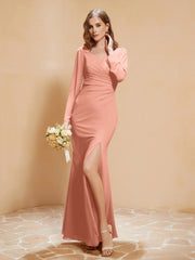 V-neck Pleated Mermaid Chiffon Dress With Silt Papaya
