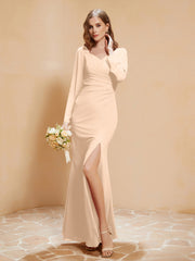 V-neck Pleated Mermaid Chiffon Dress With Silt Peach
