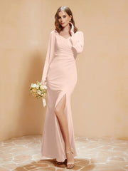V-neck Pleated Mermaid Chiffon Dress With Silt Pearl Pink