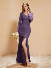 V-neck Pleated Mermaid Chiffon Dress With Silt Plum
